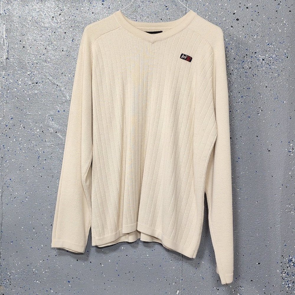 A&F Abercrombie Mens Cream Ribbed Cotton/Acrylic Long Sleeve V Neck Sweater XL